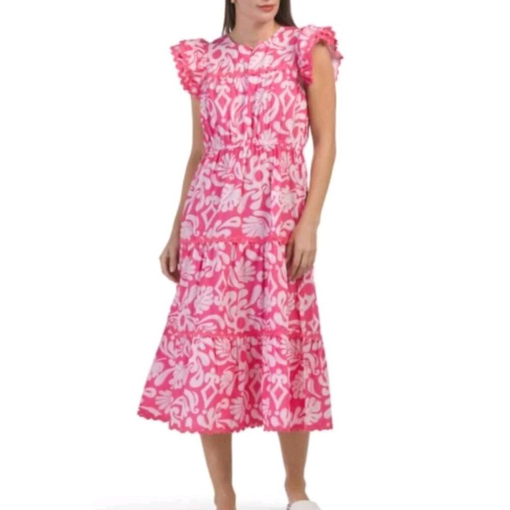 NWT Womens Sail to Sable STS XXL Dress Flutter Rose Midi Wave Trim Romantic - Picture 2 of 10